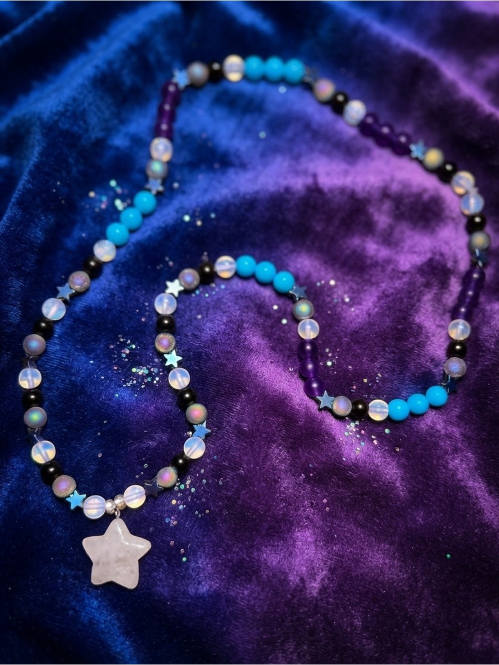 Starry SpookMare Necklace (Blue Hematite Stars, Turquoise, Opalite, Clear Quartz